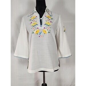 Vintage Lily Boho Floral Embroidered Tunic Top Blouse Sheer Peasant Medium